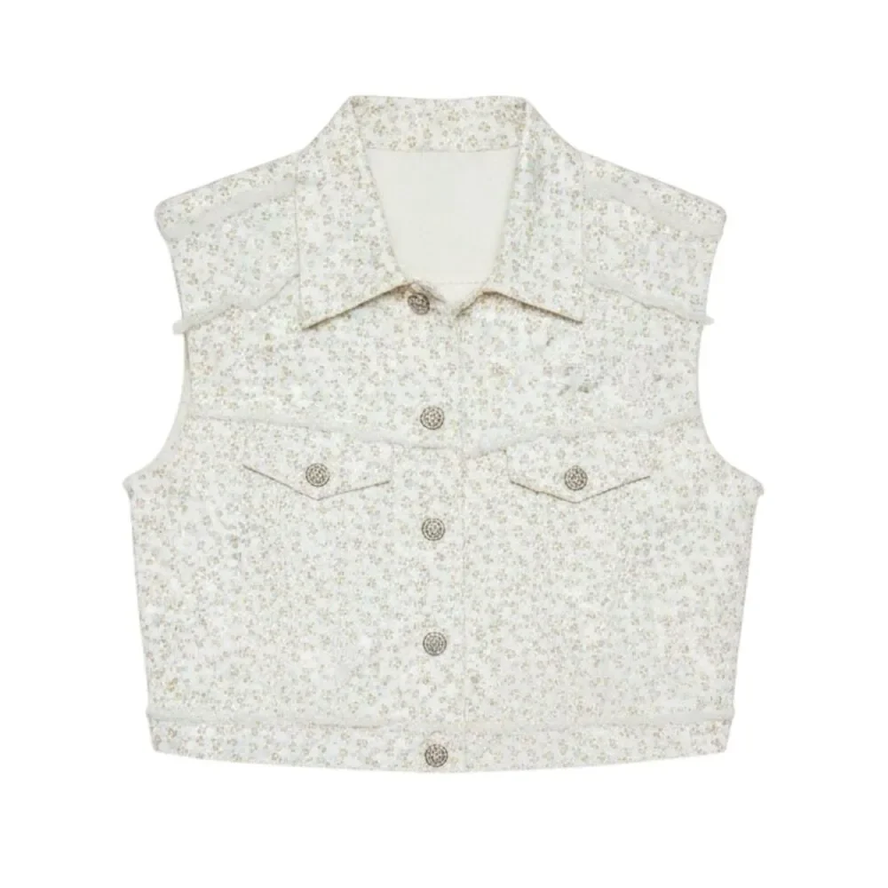 POL Ivory Ditsy Floral Denim Vest Raw Hem Asymmetrical Button Boho Medium NEW